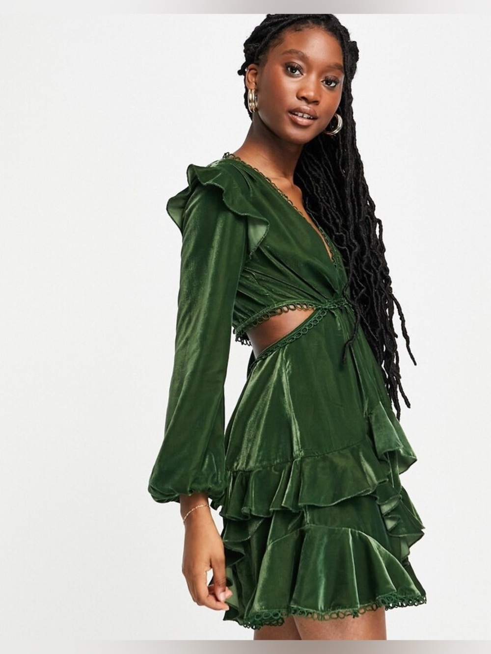 ASOS Emerald Green Velvet Ruffle Romantic Mini Dress Size 4 - Picture 3 of 9